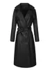 Suministro Exclusivo Transfronterizo de Gabardina Larga de Cuero PU para Mujer con Cinturón, Diseño de Doble Botonadura, Bolsillos Grandes, Estilo Otoño e Invierno