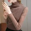 Camisa Base Brillante de Malla con Cuello Alto Otoño/Invierno 2026 para Mujer, Top de Manga Larga Ajustado con Volantes, Ropa para Mujer al por Mayor
