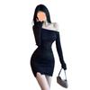 Vestido de Falda Irregular Larga con Manga Larga Incrustado de Diamantes Ajustado para Mujer Otoño Temprano Nuevo Falda Negra