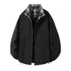 Chaqueta de retazos a cuadros retro americana, unisex, adecuada para primavera y otoño, elegante y sofisticada, con cuello de solapa, estilo chaqueta de béisbol holgada para parejas