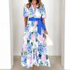 Comércio Exterior 2025 Saia Boêmia Estampada Europeia e Americana Transfronteiriça Primavera e Verão Novo Vestido A-Line de Manga Curta com Cinto para Mulheres