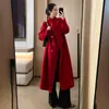 Abrigo de Lana Rojo Navideño Doble Faz para Mujer, Nuevo Estilo Otoño/Invierno 2026, Abrigo de Lana de Doble Botonadura de Longitud Media Petite para Mujer