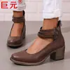 Juyuan 2026 Amazon Shopee Site Independente Tamanho Grande 36-42 Salto Grosso Zíper Traseiro Sapatos Retro Boca Rasa Sapatos de Salto Único