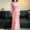 Vestido de color liso para mujer para primavera y otoño, con mangas tipo farol, fruncido, cuello semi-alto, etéreo y vaporoso, entallado en la cintura, vestido largo con caída para personas altas