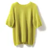 Camiseta de Manga de Seda para Mujer, Tejida de Manga Corta Fina de Cachemira Cuello Redondo Estilo Linterna Puro Hombro Ligero Manga Suelta Cachemira Manga Corta