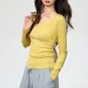 Camisa Básica de Algodão Penteado para Mulheres, Novo Estilo de Outono, Camiseta de Manga Longa com Gola U, Modelagem Justa, Versátil, Top Interno Simples de Cor Lisa