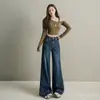 Jeans Flare Laranja Infantil # Retro Americano Lavado Elástico para Mulheres, Cintura Alta, Emagrecedor, Casual Versátil, Comprimento no Chão