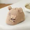 Boina de Pana con Etiqueta de Cuero de Osito para Niños, Gorro Cálido para Niños y Niñas en Otoño e Invierno