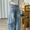 Jeans azul claro de perna larga feminino design outono senso bordado cintura alta solto modelador caimento perna reta calça comprimento total
