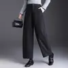 Calça de lã da moda para mulheres, nova coleção outono/inverno 2026, modelagem solta, afina a silhueta, perna larga, cintura alta, fluida e calça cropped casual