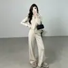 Conjunto de Punto de Dos Piezas para Mujer con Diseño de Textura Hueca de Nuevo Estilo Transfronterizo Europeo y Americano, Cárdigan con Solapa y Doble Cremallera, Pantalones de Pierna Ancha