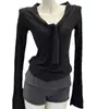 Traje de Camisa Base de Punto de Manga Larga Estilo Coreano para Mujer Otoño Diseño de Cordones en V Nicho Simple Todo Fósforo Top Ins