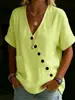 Camisa de Algodón y Lino de Manga Corta, Holgada, Casual, de Botones, Color Sólido, Estilo Europeo y Americano, Cuello en V, para Mujer, Novedad Verano 2026