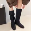 Botas de Moda de Gamuza de Caña Alta Modelo Nuevo Otoño 2026 Estilo Coreano Diseño Tipo Calcetín con Aumento Interno de Altura, Punta Redonda Hueca, Tacón Grueso Botas para Mujer