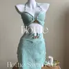 Estilo Pura Pasión de Playa Primavera y Verano Menta Nuevo Traje de Baño Dividido Cubre Carne, Conjunto de Tres Piezas Mambo Blanqueador para Resort Azul