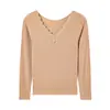 Camellia Escote en V Encaje Térmico Cálido Ropa Interior Adelgazante Sin Costuras Se Puede Usar Afuera Alta Elasticidad Cuello Redondo Conjunto Cálido Top de Manga Larga