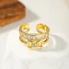 Anillo abierto en forma de T de zirconia de doble capa de lujo, anillo geométrico dorado con incrustaciones de diamantes para el dedo índice ajustable, accesorio de anillo de nicho