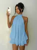 Vestido feminino europeu e americano transfronteiriço, gola alta, gola alta, barra com babados, sem mangas, ombros de fora, solto, estilo doce e fresco
