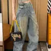 Jeans de Verano de Diseñador de Nicho de Pierna Ancha Lavados Estilo Americano Vintage Salpicados de Tinta para Mujer, Pantalones Rectos Adelgazantes