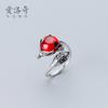 Anillo de plata S925 para mujer, estilo coreano, retro, con incrustaciones de diamantes rojos, abierto, estilo zorro, J5565