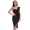 Vestido bodycon de mujer Yizhilian Retro con volantes y un solo hombro elástico Vestido de bandage negro para mujer