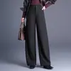 Calça elegante casual de perna larga, calça solta de corte reto, calça feminina outono e inverno 2026, calça longa de lã com bolsos de cintura alta, moderna