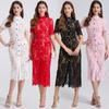 Vestido Europeu de Exportação Feminino de Renda Elástica de Alta Qualidade com Retalhos Elegantes de Manga Curta Saia de Cintura Alta no Quadril