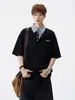 Camisa Falsa de Dos Piezas Estilo Americano con Cuello, Polo de Manga Corta para Hombre, Marca de Moda, Corte Holgado, Camiseta Casual con Parches de Media Manga para Hombre