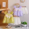 Conjunto de Vestido de Alça de Verão para Meninas 2026 com Laço Grande e Saia de Tule, Conjunto Casual Fofo Estilo Coreano, Novo Conjunto de Duas Peças Atacado