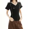Camiseta Azul Gola V Manga Curta Estilo Americano para Mulheres, Design de Verão, Slim-Fit, Top Esportivo Curto Manga Meia
