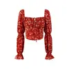 Camisa Curta Floral Retro Estilo Palácio Francês com Decote Quadrado, Amarração no Pescoço, Mangas Bufantes, para Férias na Primavera, Top Slim Fit de Cintura Alta