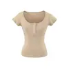 Camiseta de Manga Corta con Botones, Cuello Redondo, Doble Capa, Mangas Abullonadas, Dobladillo, Para Mujer, Verano, Estilizante, Corta, Mostrando Clavícula