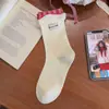 Calcetines de algodón de estilo japonés, dulces, de dibujos animados, con bordado de manzana, para mujer, de caña media, con volantes, calcetines apilados de encaje estilo colegial, femeninos