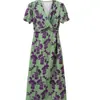 Verão 2025 Moda Europeia e Americana Feminina Amazon Vestido Longo Estampado Plissado Elegante Slim Fit Decote V Manga Curta