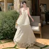 Conjunto de Blusa de Gasa Francesa y Falda de Tirantes para Mujer, Impresionante Conjunto de Dos Piezas con Falda Larga Bordada de Malla Estilo Resort Costero