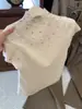 Top de punto estilo francés para mujer, con muchas perlas, cuello semi-alto y manga corta, perfecto para principios de otoño, con un diseño sofisticado y un aspecto único y hermoso