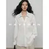 Camisa Blanca de Manga Larga con Cuello en V Otoñal de Lyocell y Lino Jian HAVEGAN / Top para Mujer Protección Solar Estilo Old Money