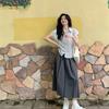 Conjunto de dos piezas de traje estilo universitario para mujer, con cuello polo a rayas de colores contrastantes, camisa de manga corta y falda plisada de cintura alta para verano