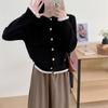 Cardigan de Tricô com Renda Plissada e Babados Outono Inverno Design Estilo Chanel com Botão de Coração Francês Jaqueta Suéter Top