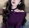 2025 Deslumbrante e Lindo Inverno Cor Clara Gola Alta Moda Estiloso Elegante Roxo Ombro a Ombro Tricô Top