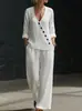 Nova Coleção Primavera/Verão 2026 Roupas Femininas Europeias e Americanas Transfronteiriça Minimalista Temperamento Camisa Solta Gola V Botão Diagonal Calça Pantalona Conjunto de Duas Peças
