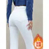 Jeans Ajustados Blancos de Invierno Gruesos con Forro de Polar de Cintura Alta para Mujer Pantalones Acampanados Elásticos Cálidos Adelgazantes para Mujer