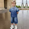 Conjunto de Verano para Niños con Set de Mezclilla Graffiti Degradado, Conjunto de Dos Piezas de Manga Corta Transfronterizo de Moda para Niños Pequeños, Ropa de Verano