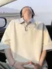 Camisa polo de manga corta a rayas con cuello falso de dos piezas para hombre, ropa de verano moderna estilo americano, camiseta holgada de peso pesado de media manga