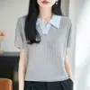 Camiseta de Punto de Manga Corta con Cuello de Color Contrastante para Mujer 2026 Nuevo Estilo Súper Popular Camisa Hueca de Seda Helada que Reduce la Edad Top Holgado de Verano
