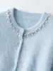 25 Años Nuevo Otoño e Invierno 100 Cachemira Cuello Redondo Cardigan de Punto Cuello Bordado Diamante Cepillado Suave Cera Cálido Suéter de Cachemira