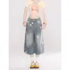 Pantalones Vaqueros Cortos con Estampado de Estrellas Retro para Mujer, Nuevo Estilo Americano de Verano, Desgastados, Sueltos, de Pierna Ancha, Rectos, 7/8