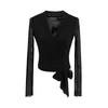 Camiseta Elegante y Madura con Cuello Cruzado en V y Mangas Largas para Mujer, Nuevo Modelo de Verano con Mangas Tres Cuartos, Cintura de Atar, Corte Ajustado, Top Corto