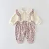 Mameluco de Bebé con Estampado Floral y Tirantes Falsos, Clase A, Estilo Primavera y Otoño, Algodón Puro para Bebé, Suave, Transpirable, con Cuello de Muñeca de Encaje