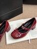 Sapatos Pequenos de Couro Lolita com Laço para Estudante JK Sapatos Mary Jane Femininos com Salto Grosso Vinho